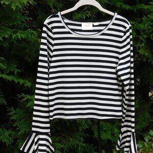Maeve by Anthropologie Black White Stripe Bell Sleeve Crop Top